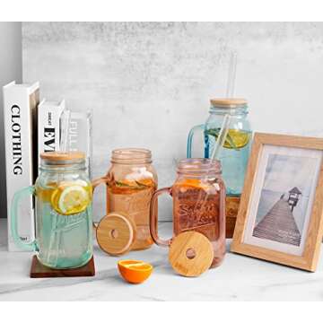 ANOTION Mason Jar with Handle - Colorful Drinking Glasses Colored Glass Cups with Lids and Straws Colored Glasses Drinking Set of 4 Mason Jars Iced Coffee Cups Tumblers Smoothie Water Bottles