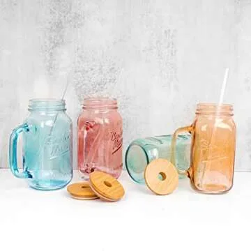 ANOTION Mason Jar with Handle - Colorful Drinking Glasses Colored Glass Cups with Lids and Straws Colored Glasses Drinking Set of 4 Mason Jars Iced Coffee Cups Tumblers Smoothie Water Bottles