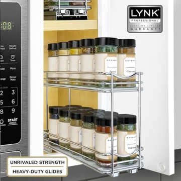 LYNK PROFESSIONAL® Pull Out Spice Rack Organizer for Inside Kitchen Cabinets - 4-1/4 inch Wide - Slide Out Drawer – Chrome Sliding Spice Cabinet Organization Shelf Racks - 2 Tier