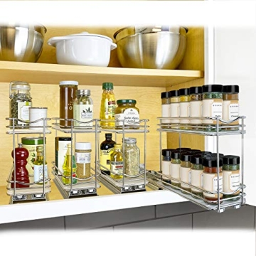 LYNK PROFESSIONAL® Pull Out Spice Rack Organizer for Inside Kitchen Cabinets - 4-1/4 inch Wide - Slide Out Drawer – Chrome Sliding Spice Cabinet Organization Shelf Racks - 2 Tier