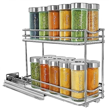 LYNK PROFESSIONAL® Pull Out Spice Rack Organizer for Inside Kitchen Cabinets - 4-1/4 inch Wide - Slide Out Drawer – Chrome Sliding Spice Cabinet Organization Shelf Racks - 2 Tier
