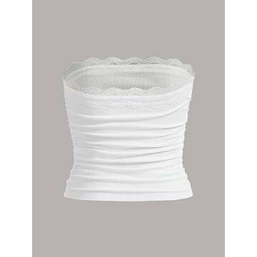 SOLY HUX Women's Lace Trim Ruched Bandeau Crop Tube Tops Bowknot Front Strapless Summer Tops Plain White M