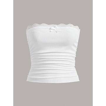 SOLY HUX Women's Lace Trim Ruched Bandeau Crop Tube Tops Bowknot Front Strapless Summer Tops Plain White M