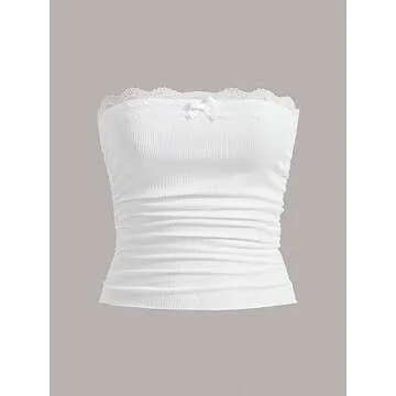 SOLY HUX Women's Lace Trim Ruched Bandeau Crop Tube Tops Bowknot Front Strapless Summer Tops Plain White M