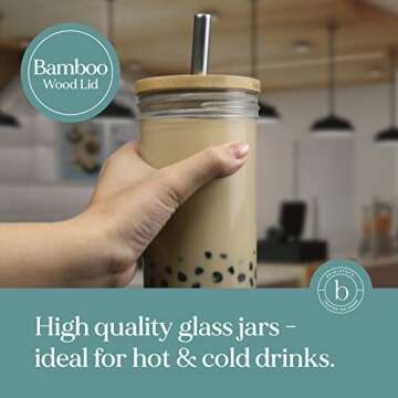 Brimley 20oz Glass Boba Bubble Tea Cup with Bamboo Lid, 1 Pack - Reusable Smoothie Cups/Glass Coffee...