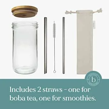 Brimley 20oz Glass Boba Bubble Tea Cup with Bamboo Lid, 1 Pack - Reusable Smoothie Cups/Glass Coffee Cups with Lids and Straw - Wide Mouth Glass Tumbler with 2 Sizes of Stainless Steel Straws