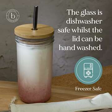 Brimley 20oz Glass Boba Bubble Tea Cup with Bamboo Lid, 1 Pack - Reusable Smoothie Cups/Glass Coffee Cups with Lids and Straw - Wide Mouth Glass Tumbler with 2 Sizes of Stainless Steel Straws