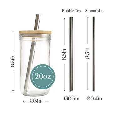 Brimley 20oz Glass Boba Bubble Tea Cup with Bamboo Lid, 1 Pack - Reusable Smoothie Cups/Glass Coffee Cups with Lids and Straw - Wide Mouth Glass Tumbler with 2 Sizes of Stainless Steel Straws