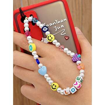3PCS Beaded Phone Lanyard Wrist Strap Smiley Face Fruit Star Letter Pearl Handmade Rainbow Acrylic Polymer Clay Beads Keychain for Women Girls