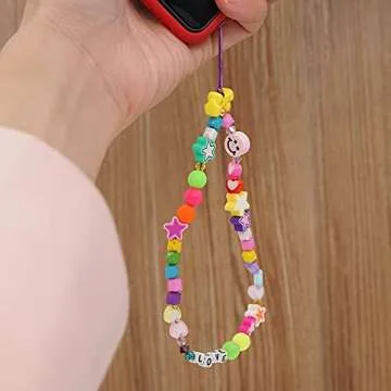 3PCS Beaded Phone Lanyard Wrist Strap Smiley Face Fruit Star Letter Pearl Handmade Rainbow Acrylic Polymer Clay Beads Keychain for Women Girls