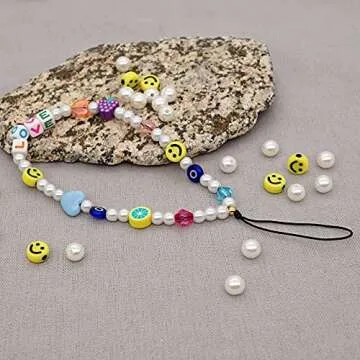 3PCS Beaded Phone Lanyard Wrist Strap Smiley Face Fruit Star Letter Pearl Handmade Rainbow Acrylic Polymer Clay Beads Keychain for Women Girls