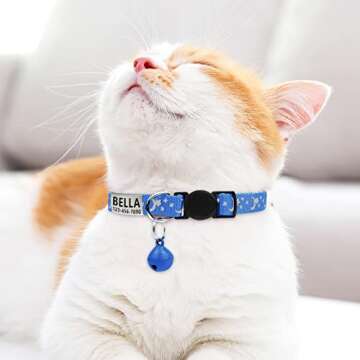 LaReine 2 Pack Cat Collar Personalized, Breakaway Kitten Collar with Phone and Name tag, Cat Collars Reflective with Bell for Girls & Boys (7.5"-12.5" Neck, Navy Blue)