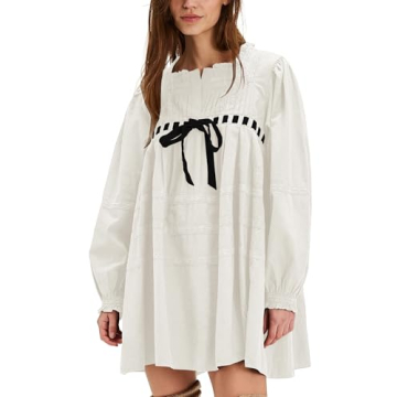 Locachy Womens 2024 Casual Cotton Dress Tie Front Square Neck Long Sleeve A Line Pleated Mini Dress White L
