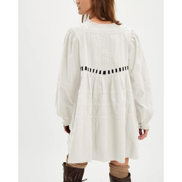 Locachy Womens 2024 Casual Cotton Dress Tie Front Square Neck Long Sleeve A Line Pleated Mini Dress White L