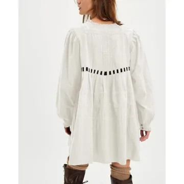 Locachy Womens 2024 Casual Cotton Dress Tie Front Square Neck Long Sleeve A Line Pleated Mini Dress White L