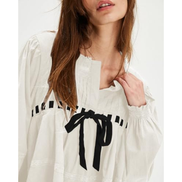 Locachy Womens 2024 Casual Cotton Dress Tie Front Square Neck Long Sleeve A Line Pleated Mini Dress White L