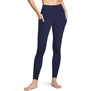 TSLA Women's Tummy Control Yoga Pants with High Waist and Running Yoga Leggings, 4 Way Stretch Athletic Pants for Workout, Pocket Peachy Navy, X-Large