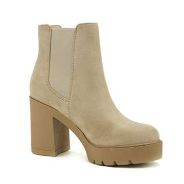 Soda EDITOR ~ Women Lug Sole High Heel Chelsea Fashion Ankle Boot w/Double Elastic Gore (L-WHEAT Imit Suede, US Footwear Size System, Adult, Women, Numeric, Medium, 7.5)