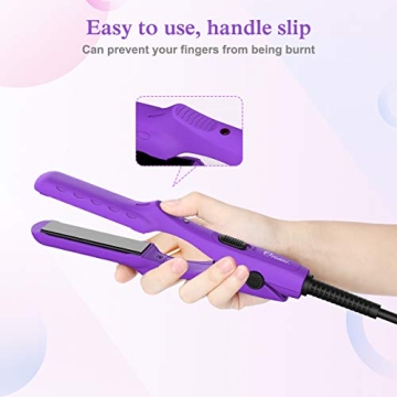 Ovonni Mini Travel Hair Straightener, Dual Voltage 3/4 Inch Ceramic Tourmaline Negative Ionic Flat Iron with Traveling Bag for Europe, Professional Straightener Iron for Fine/Thin Short Hair (Purple)