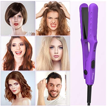 Ovonni Mini Travel Hair Straightener, Dual Voltage 3/4 Inch Ceramic Tourmaline Negative Ionic Flat Iron with Traveling Bag for Europe, Professional Straightener Iron for Fine/Thin Short Hair (Purple)