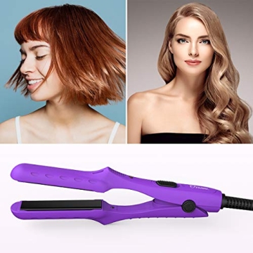 Ovonni Mini Travel Hair Straightener, Dual Voltage 3/4 Inch Ceramic Tourmaline Negative Ionic Flat Iron with Traveling Bag for Europe, Professional Straightener Iron for Fine/Thin Short Hair (Purple)