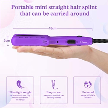 Ovonni Mini Travel Hair Straightener, Dual Voltage 3/4 Inch Ceramic Tourmaline Negative Ionic Flat Iron with Traveling Bag for Europe, Professional Straightener Iron for Fine/Thin Short Hair (Purple)