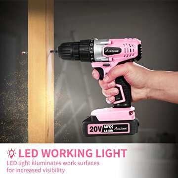 AVID POWER 20V MAX Lithium lon Cordless Drill Set, Power Drill Kit with Battery and Charger, 3/8-Inch Keyless Chuck, Variable Speed, 16 Position and 22pcs Drill Bits (Pink)