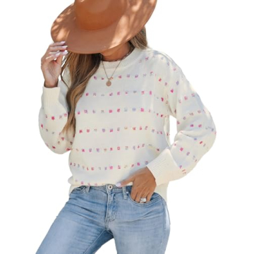 CUPSHE Womens Crewneck Sweaters Long Sleeve Cozy Knit Rainbow Dots Pullover Jumper Tops Apricot, M