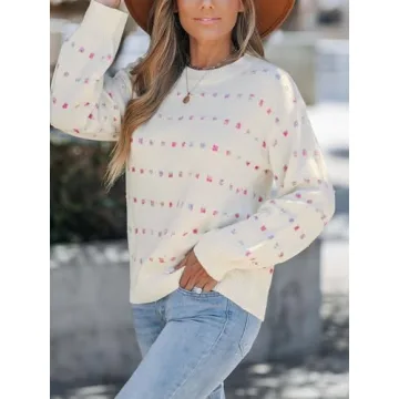 CUPSHE Womens Crewneck Sweaters Long Sleeve Cozy Knit Rainbow Dots Pullover Jumper Tops Apricot, M