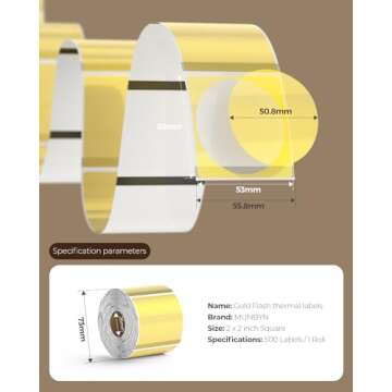 MUNBYN 2 Inch (50.8X 50.8mm) Gold Transparent Thermal Labels, Round Fine Glitter Printable Thermal S...