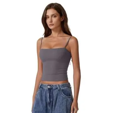 QINSEN Women's Spaghetti Strap Tank Tops Adjustable Cute Camisole Going Out Crop Tops Summer Clothes Dark Grey S