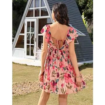 Women's 2022 2023 Summer Pleated Dress Babydoll Floral Print Mini Dresses Bridal Shower Boho Low Cut Casual Sundresses Red Small