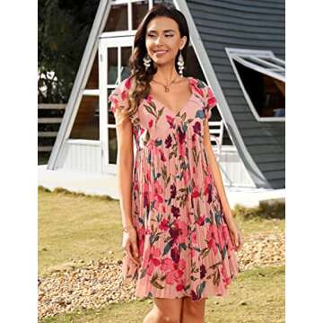 Women's 2022 2023 Summer Pleated Dress Babydoll Floral Print Mini Dresses Bridal Shower Boho Low Cut Casual Sundresses Red Small