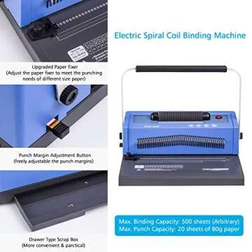 TIANSE Spiral Coil Binding Machine, Manual Book Maker Punch Binder with Electric Coil Inserter, Disengaging pins, Adjustable Side Margin, Comes with 100pcs 5/16'' Plastic Coil Binding Spines & Plier