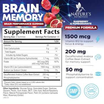 Brain Memory Supplement Gummy for Concentration Clarity Alertness & Focus - Brain Health with B6 B12...