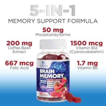 Brain Memory Supplement Gummy for Concentration Clarity Alertness & Focus - Brain Health with B6 B12, Phosphatidylserine, Coffee Extract, Nootropics Cognitive Vitamins for Men & Women - 60 Gummies