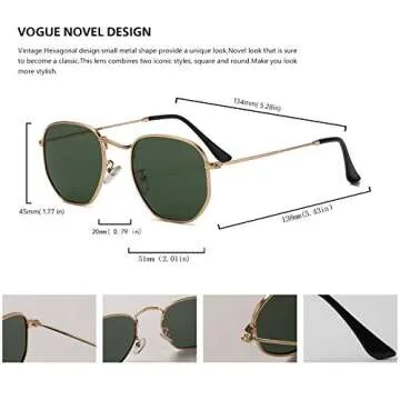 Modern Geometric Polarized Metal Slim Arms Neutral Colored Lens Hexagonal Sunglasses Men Women Square Small Vintage Frame Retro Round Mirrored Driving Shade Sun Glasses(DarkGreen Lens/Gold Frame)