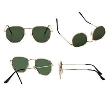 Modern Geometric Polarized Metal Slim Arms Neutral Colored Lens Hexagonal Sunglasses Men Women Square Small Vintage Frame Retro Round Mirrored Driving Shade Sun Glasses(DarkGreen Lens/Gold Frame)