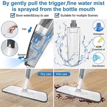 Spray Microfiber Mop for Floor Cleaning - Dust Dry Wet Mop with 4 Reusable Refillable Washable Chenille Mop Head Replacement Pads for Commercial and Home Kitchen Hardwood Laminate Vinyl Tile Floor Mop