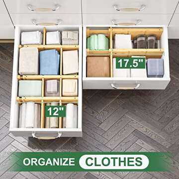 kiplant 8 Pack Bamboo Drawer Dividers From 12-17.5IN, Stackable | Expandable Drawer Dividers for Clothes, Bamboo Drawer Organization for Kitchen & Dressers, 8 Dividers with 16 Inserts