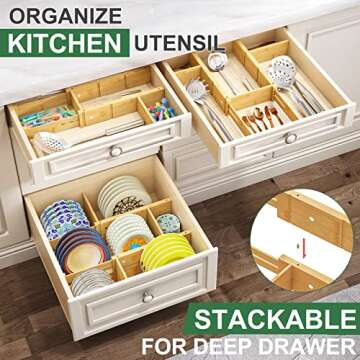 kiplant 8 Pack Bamboo Drawer Dividers From 12-17.5IN, Stackable | Expandable Drawer Dividers for Clothes, Bamboo Drawer Organization for Kitchen & Dressers, 8 Dividers with 16 Inserts