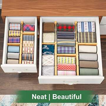 kiplant 8 Pack Bamboo Drawer Dividers From 12-17.5IN, Stackable | Expandable Drawer Dividers for Clothes, Bamboo Drawer Organization for Kitchen & Dressers, 8 Dividers with 16 Inserts