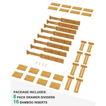 kiplant 8 Pack Bamboo Drawer Dividers From 12-17.5IN, Stackable | Expandable Drawer Dividers for Clothes, Bamboo Drawer Organization for Kitchen & Dressers, 8 Dividers with 16 Inserts