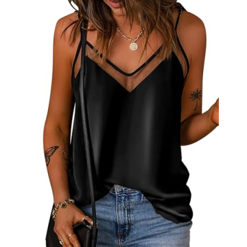 Ekouaer Silk Tank Top Elegant Mesh V Neck Satin Camisole