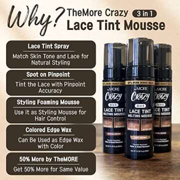 The MORE 3 in 1 Lace Tint Mousse, 6.76 Fl Oz, Medium Brown | Concealer for Lace Wigs, Hair Wigs, Tou...