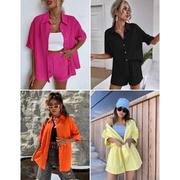 Zeagoo Women 2 Piece Summer Outfits Linen Beach Coverups Casual Button Down Shirt and Short Set