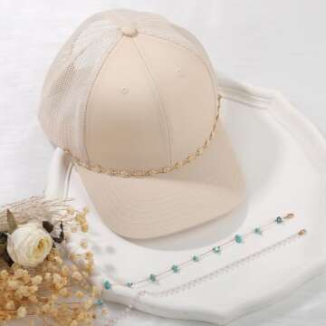 UMAOKANG 3PCS Trucker Hat Chains for Women Detachable Daisy/Stone/Pearl Decoration Chains for Mesh Baseball Cap Purse Pant Brass Link Chain