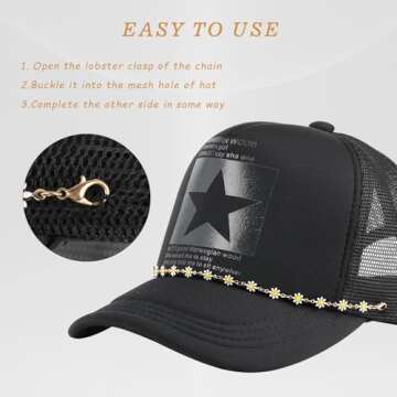 UMAOKANG 3PCS Trucker Hat Chains for Women Detachable Daisy/Stone/Pearl Decoration Chains for Mesh Baseball Cap Purse Pant Brass Link Chain
