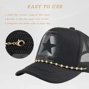 UMAOKANG 3PCS Trucker Hat Chains for Women Detachable Daisy/Stone/Pearl Decoration Chains for Mesh Baseball Cap Purse Pant Brass Link Chain