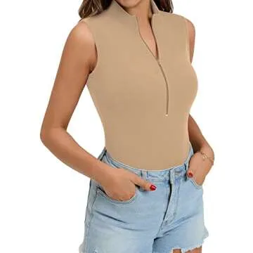 MANGOPOP Tank Top Body Suits for Women Sleeveless Mock Turtle Neck Bodysuit Zip Up Ribbed Deep V Womens Bodysuit
